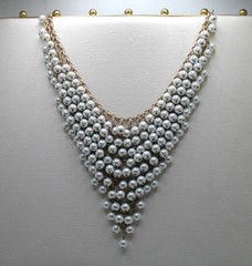 Vintage RJ Graziano statement bib necklace Goldtone chainmail and faux pearls