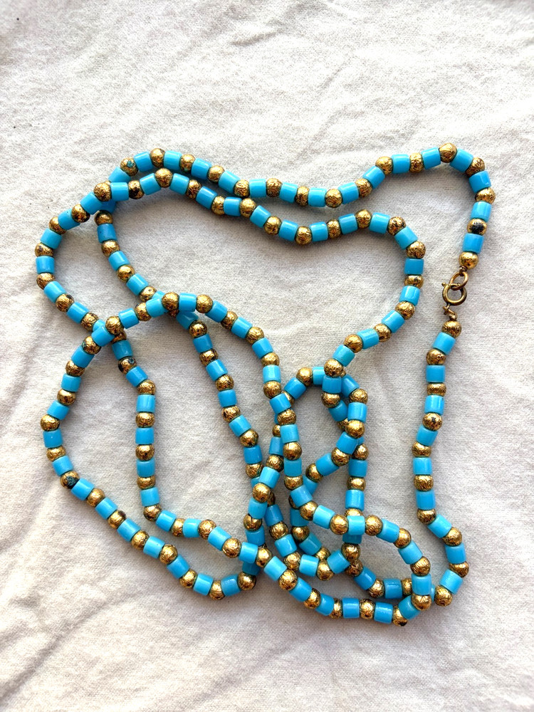 1920s Art Deco Czech Turquoise Glass Bead & Brass Necklace 56″ Flapper Strand