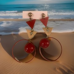 Vintage Red And Gold Tone Triangle & Circle Dangle Earrings