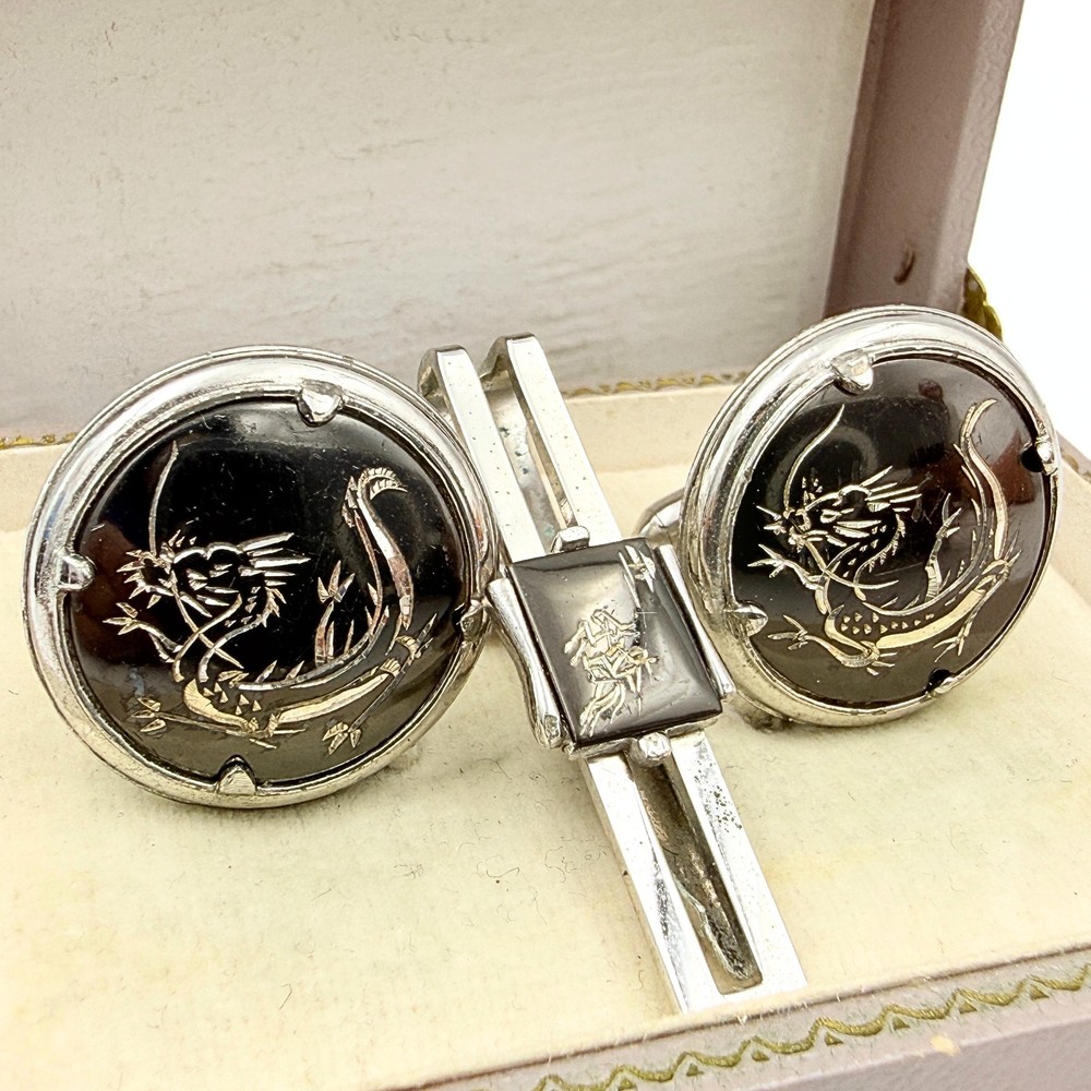 Vintage Swank Dragon Etched Silver Plate Black Enamel Cufflinks Tie Bar Set