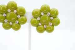 Vintage Clip On Earrings Silver Tone Rhinestone Green Flower