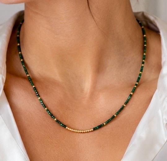 2mm Genuine Malachite Gemstone/ Gold Filled Necklace 16 Inch