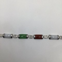 Sterling 925 FAS Asian Segmented Semiprecious Stone Gems Bracelet Vintage 7.5”