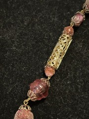 VTG Burgundy Glass Bead Necklace: Frit Sugared, Molded, Open Work Metal 26 In
