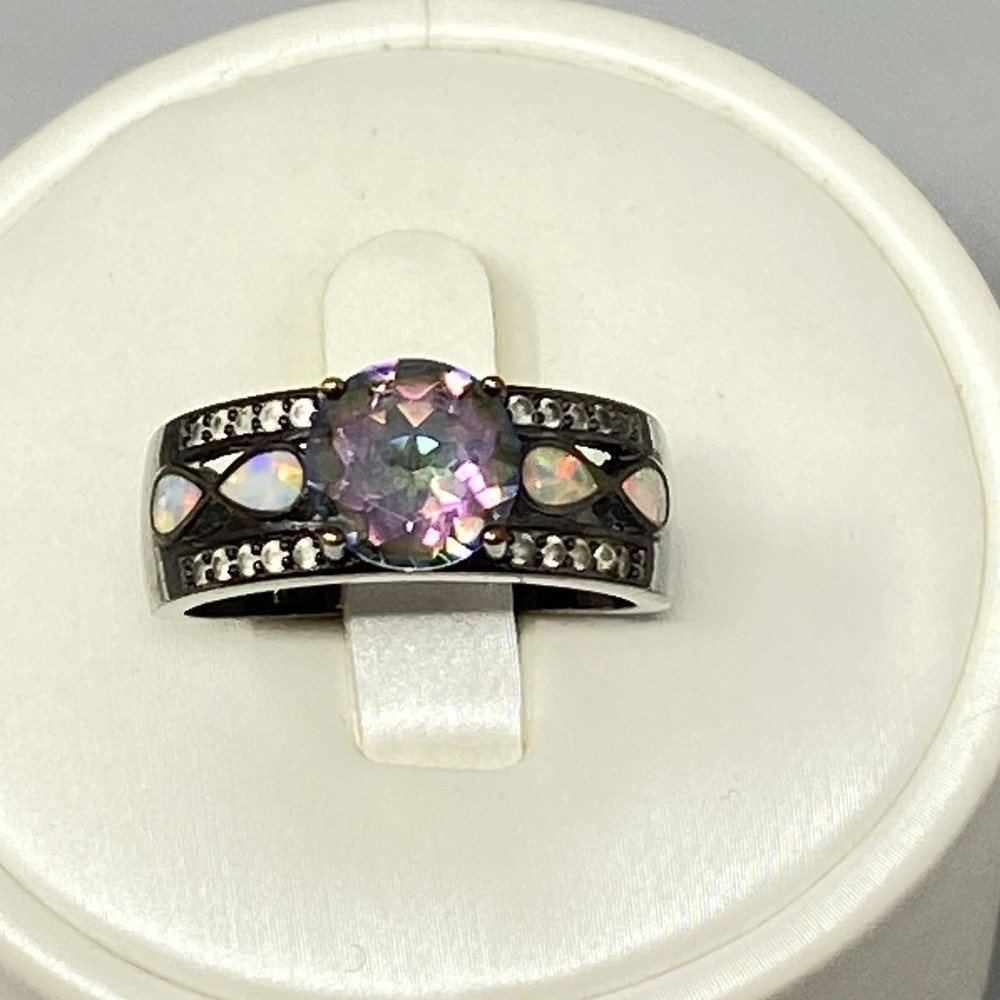 Mystic Topaz Band Ring Black Metal Wide Rainbow Purple Green Stone Fire Opal 7