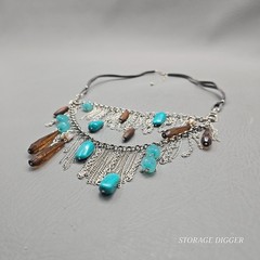VTG Turquoise And Brown Crystals Silver Chains Leather Cord Necklace 30″ Long