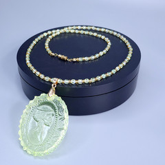 Uranium Glass Necklace 23” Cameo Pendant Vaseline Yellow Czech Beads