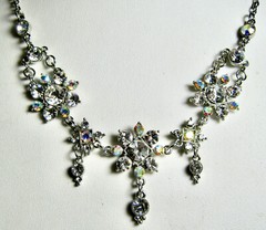 Sparkly VCLM Clear Rhinestone & Aurora Borealis Necklace 16″ & 4″ Silvertone