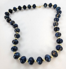 Vintage Gold And Blue Beaded Necklace 24 in Spring Ring Clasp
