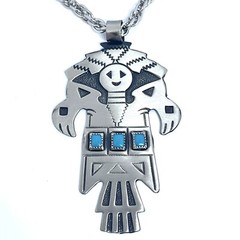 VTG Kachina Necklace Bell Trading Post 30in Faux Turquoise Nickel Silver 60s Big