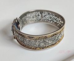 Antique JJ White Art Deco Rhodium/Gold Filigree Hinge Bracelet Blue Czech Stone
