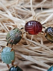 Vintage Scarab Beetle Brooch Carved Gemstones Gold Over Sterling