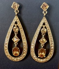 Vintage Champagne Glass Rhinestone Open Teardrop Dangle Earrings Gold Tone