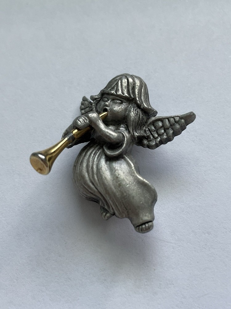 Vintage DARIA Pewter & Gold Tone ANGEL PIN BROOCH Blowing Horn Trumpet