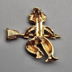 Vintage Scarecrow Halloween Brooch Scatter Pin Gold Tone Broom Orange Black Avon