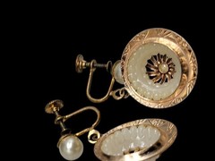 Vintage Pinwheel Faux Pearl Drop Screw Back Earrings Dangle Etched Gold Plated