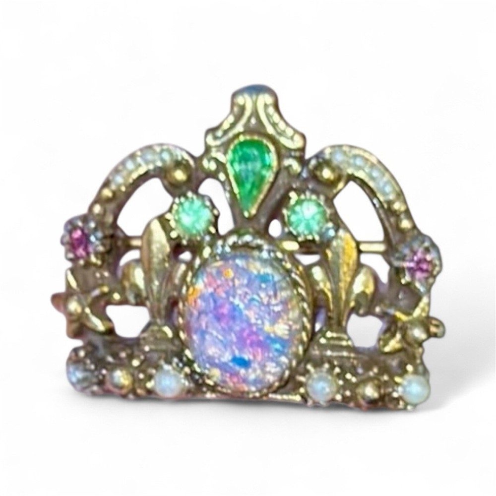 Regency Style Opal Glass Crown Brooch Rhinestone Faux Pearl 1950s Mid Century