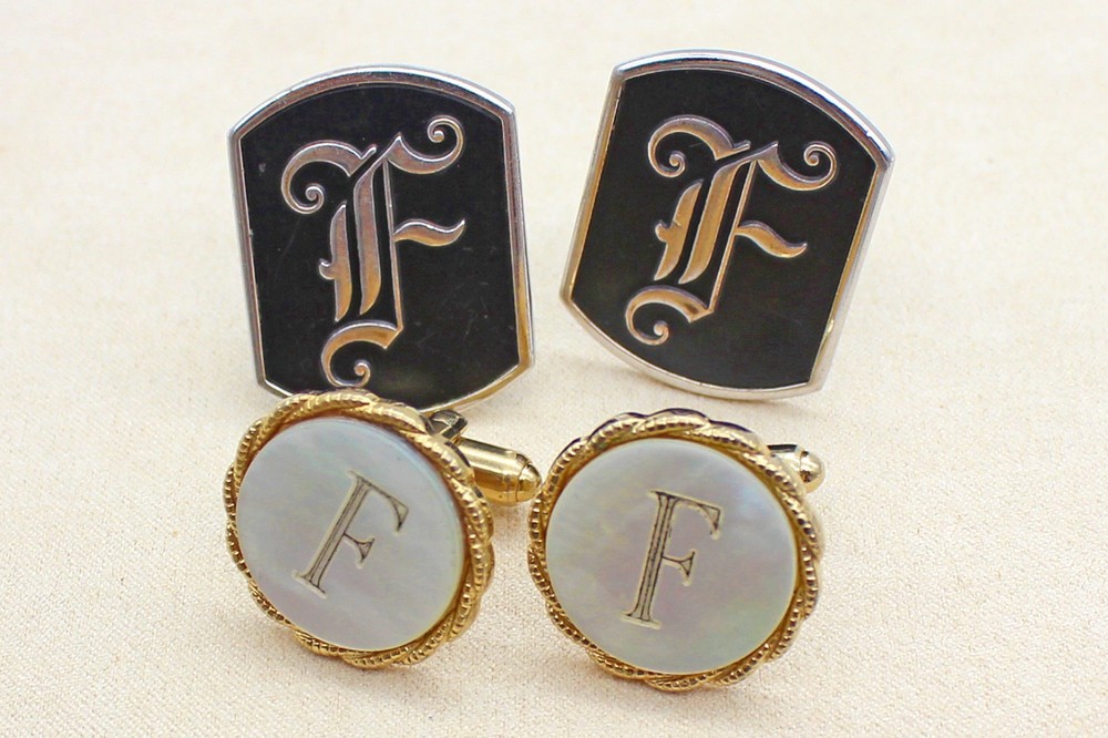 Lot of 2 Vintage Cufflinks Initial “F” Monogram Black Swank & Engraved MOP