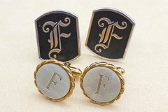 Lot of 2 Vintage Cufflinks Initial “F” Monogram Black Swank & Engraved MOP
