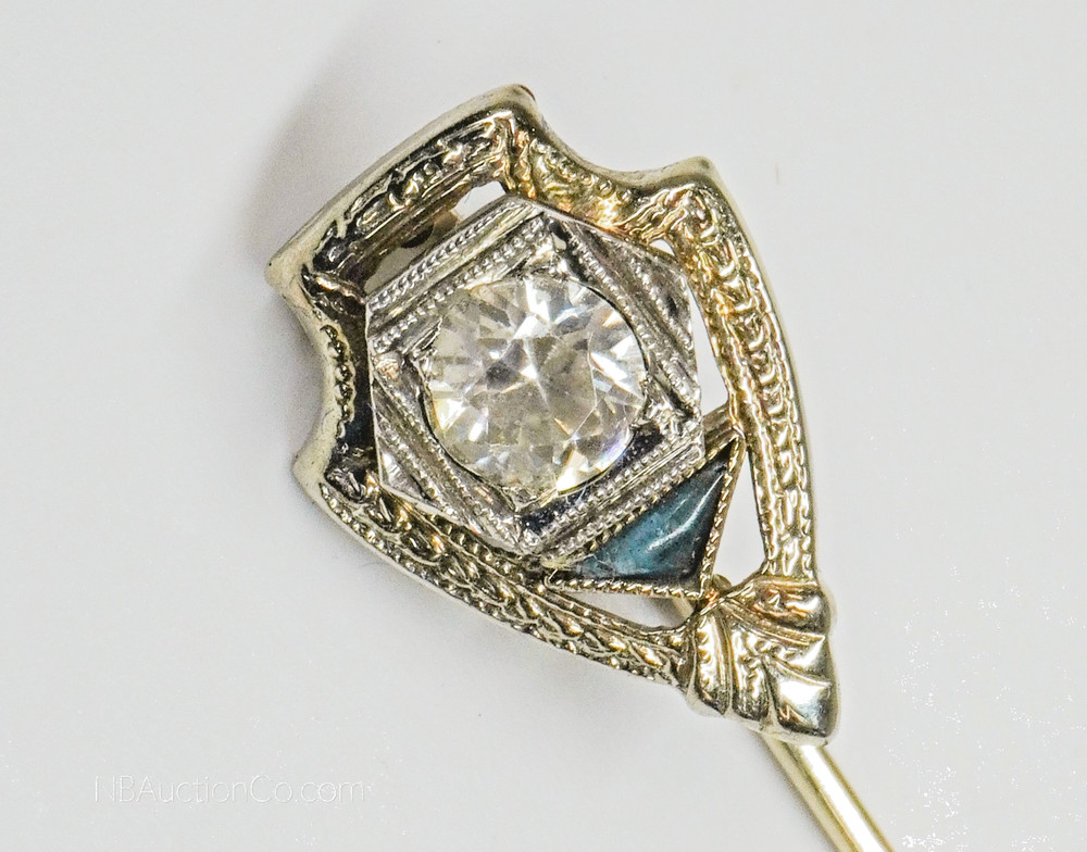 Vintage Art Deco 14k white gold Natural diamond filigree stick pin 1920’s
