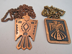 LOT OF 2 VINTAGE COPPER THUNDERBIRD PENDANT NECKLACES BELL & SOLID COPPER