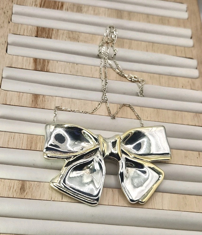 Vintage Italy 925 Sterling Silver Bow Ribbon Necklace Brooch Convertible 17″