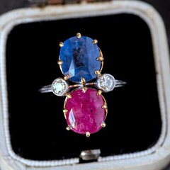 SPECTACULAR LARGE VINTAGE 18K GOLD CEYLON SAPPHIRE BURMESE RUBY DIAMOND RING