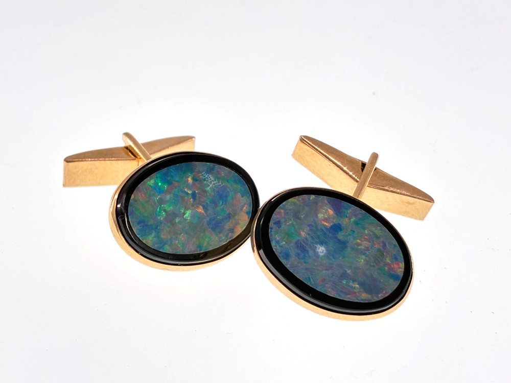 14K Yellow Gold Opal B.A. Ballou Cufflinks Bullet Back Retro MCM Jewelry B.A.B