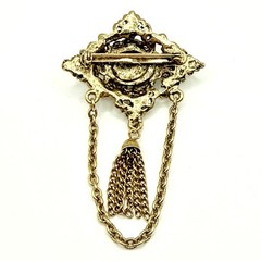 Vtg Goldtone Brooch Pin Victorian Style Faux Pearl Dangling Charm Chain Q