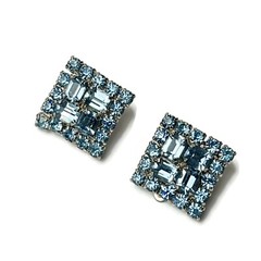 Sparkly Sky Blue Rhinestone Clip Earrings Mid-Century Prong Set Rhodium Plated