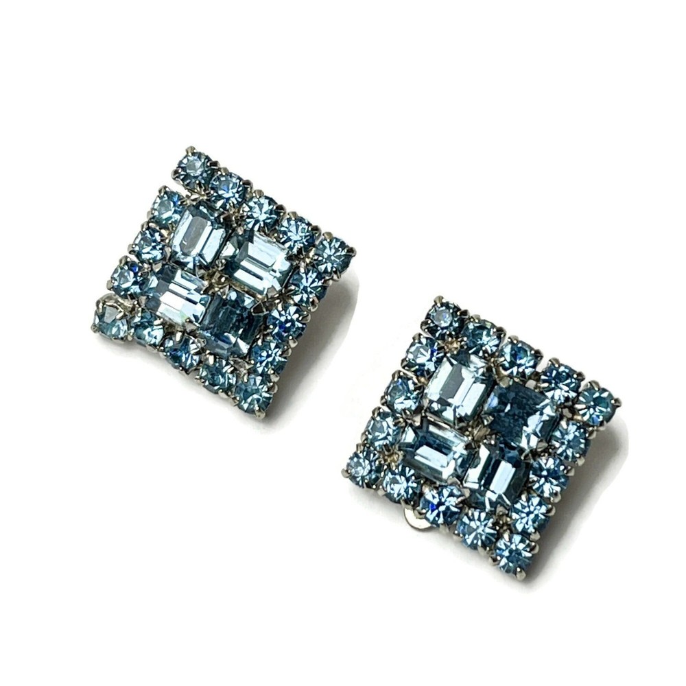 Sparkly Sky Blue Rhinestone Clip Earrings Mid-Century Prong Set Rhodium Plated