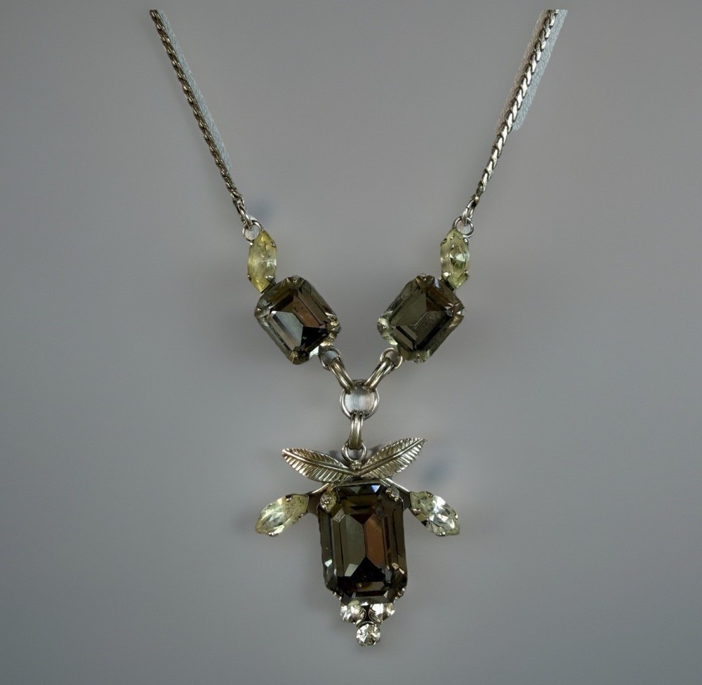 Van Dell Sterling Silver Smoky Brown Yellow/green Gemstone Necklace 16” vintage