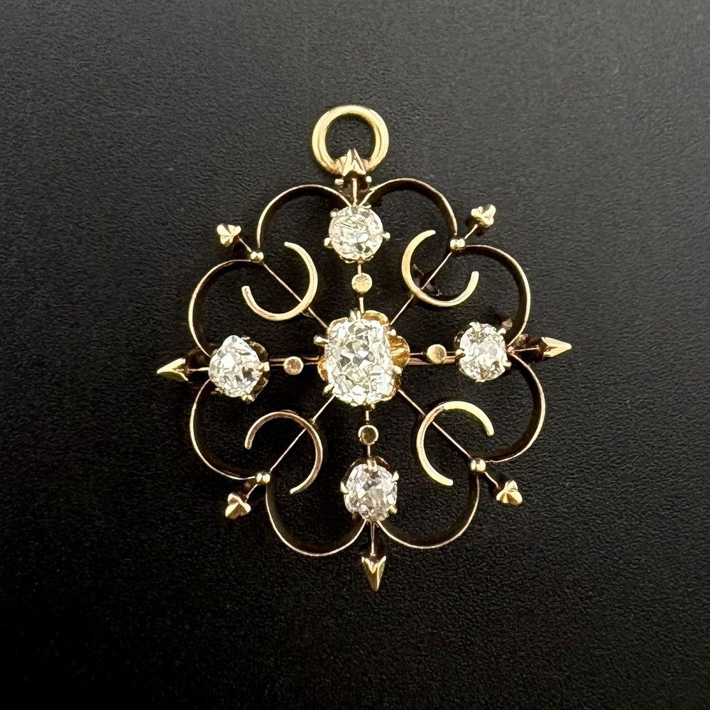 1860’s ROSE CUT DIAMOND PIN/ PENDANT – 1CTW – 14K YELLOW GOLD – VS1 G-H