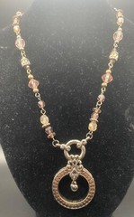 Vintage-Inspired Necklace Silver Tone Chain Beaded Circle Pendant Lobster Clasp