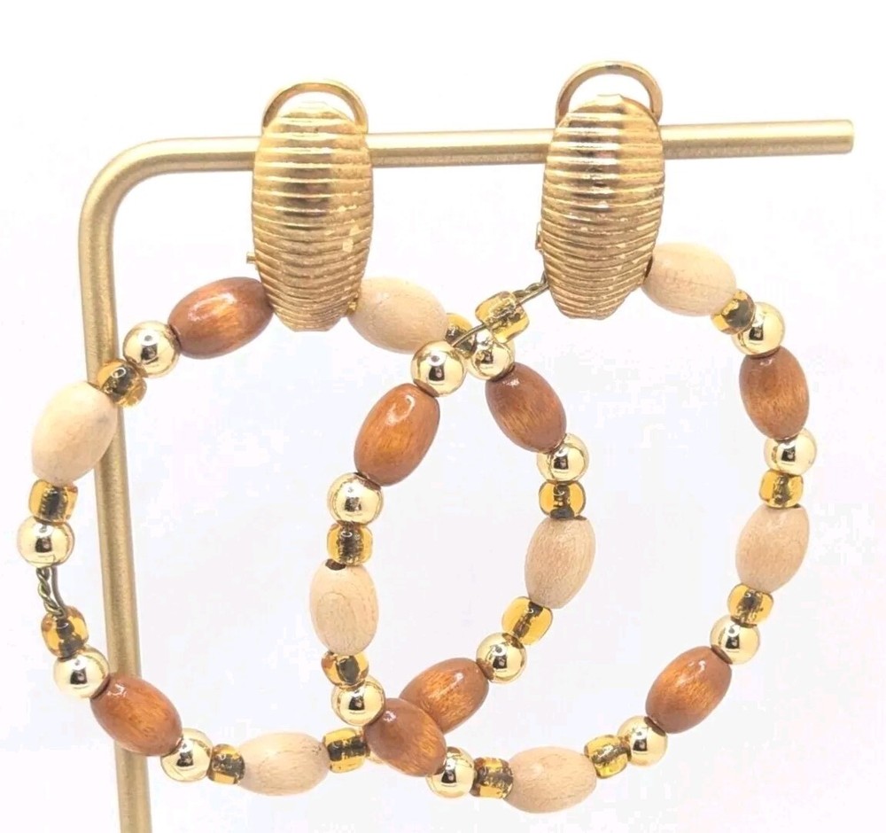 Large Vintage Beaded Hoop Drop Dangle Earrings Stud Pierced Wood Gold Tone Gift
