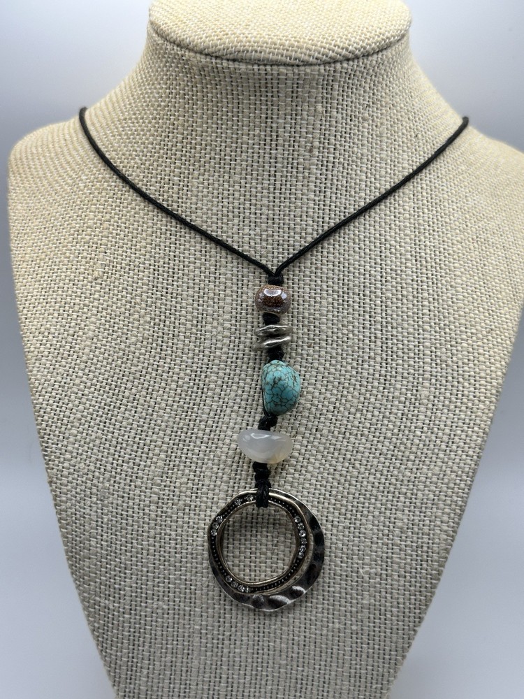Bohemian Black Nylon Strung Necklace With Mixed Metals And Stone