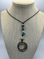 Bohemian Black Nylon Strung Necklace With Mixed Metals And Stone