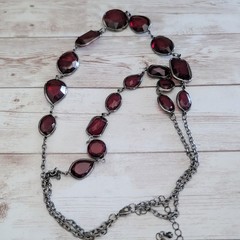 Vintage Necklace Dark Red and Dark Silver Tone / Grey Statement Necklace