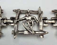 Vintage Skier Skis Winter Sports Panel Bracelet Silver Tone 7” Length