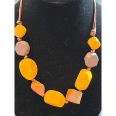 VTG C Est. 1946 Wood Yellow Chunky Geometric Beaded Faux Leather Necklace 24″