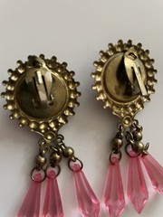 Vintage Brass Tone And Pink Resin Drop Clip On Earrings, 2 Inches Long