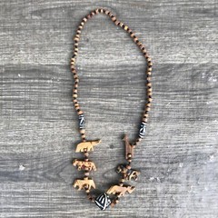 Vintage African Tribal Chunky Beaded Wood Hand Carved Safari Animal Necklace