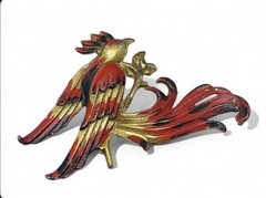 Vintage 1940’s Large 3” Gold Wash Pot Metal Enamel Figural Exotic Bird Brooch