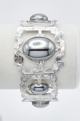 Vintage Mexican Sterling Silver Hematite Panel Link Statement Bracelet 925 53 gr