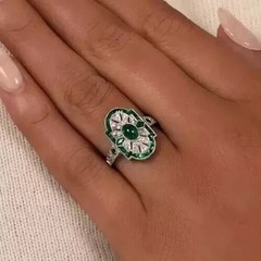 Art Deco Style Oval Cut Emerald & Lab Created Diamond 925 Silver Engagement Ring