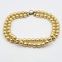 Double Strand 1950s Pearly Light Gold Color Beaded Choker Vtg Necklace 15 Inch