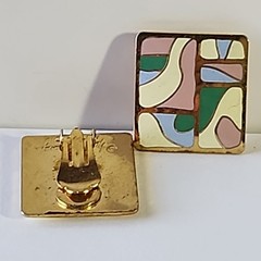 Vintage Clip On Earrings Enamel Retro Samuel Huang Cloisonné Artsy Pastel Square
