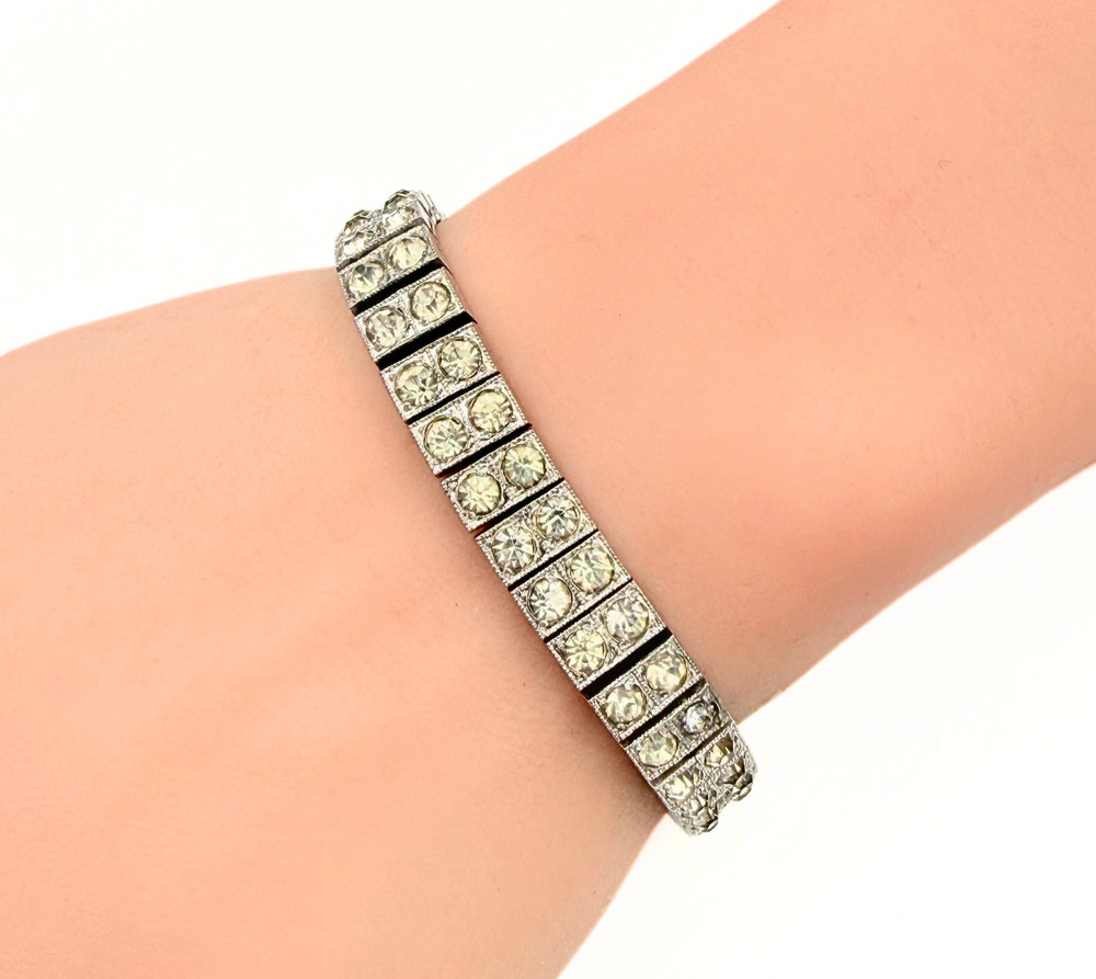 Antique Dorsons Art Deco Sterling Silver Double Row Paste Glass Link Bracelet