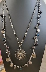 Vtg Dome Ornate Brass Work Bezel Set Stone 3D Center V Necklace Chain Bead Tier