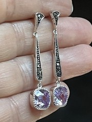 Vintage Signed 925 Silver Amethyst Marcasite Dangle Earrings February Birthstone